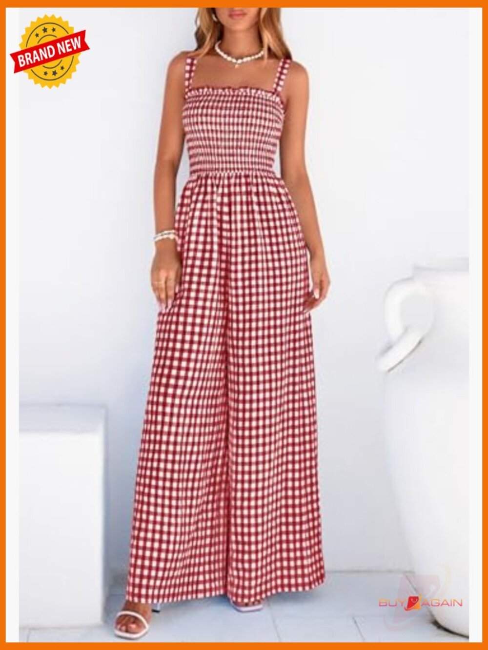 Womens Gingham Jumpsuit Square Neck Smocked Bodice Wide Leg Romper - Picture 2 of 7